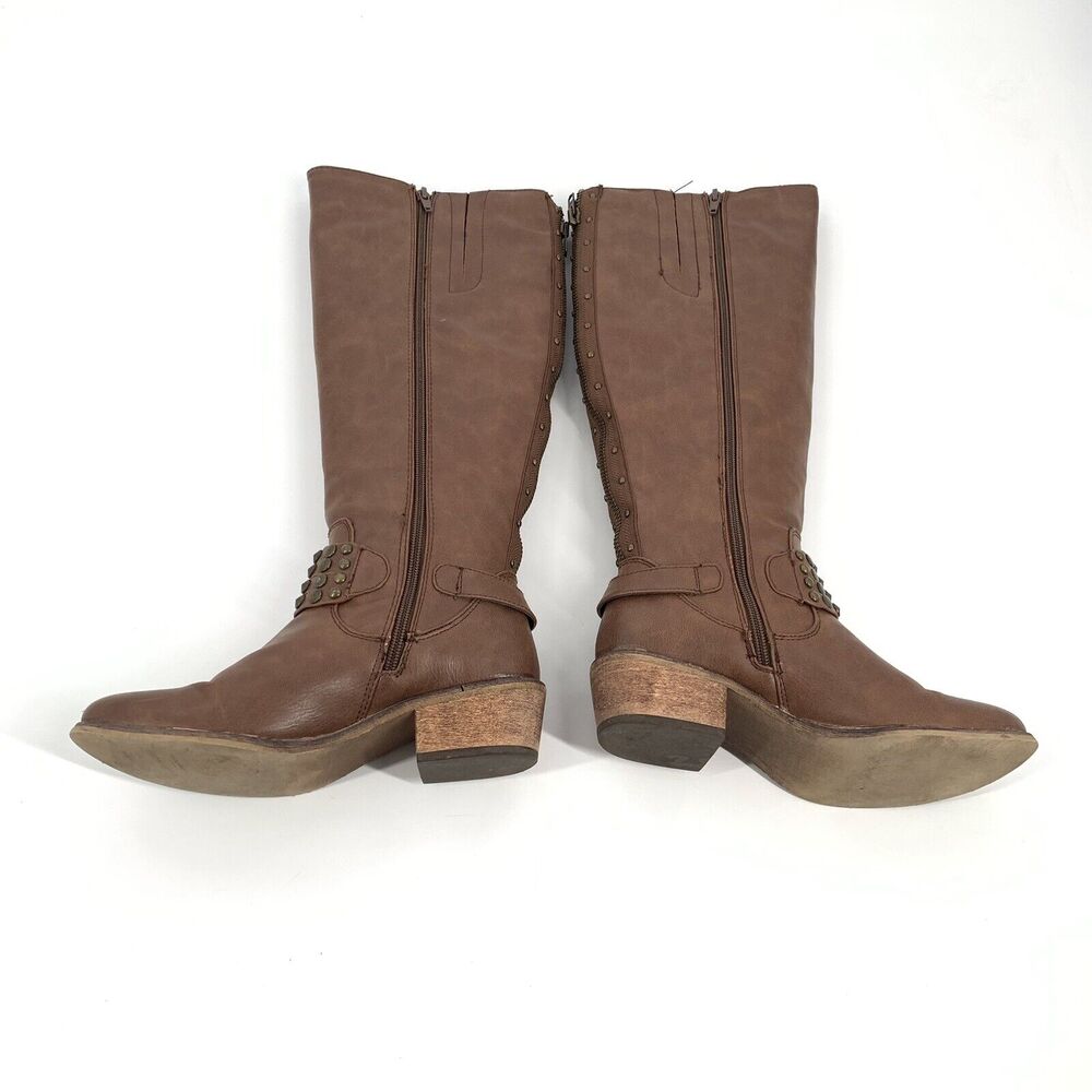 BareTraps Penelope Knee High Riding Boots Size 7 Womens Brown Studded Belted - Picture 5 of 9